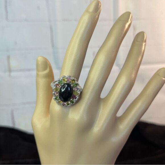 Black & Multi Color Tourmaline Natural Zircon Halo Platinum Sterling Silver Ring - Picture 4 of 13